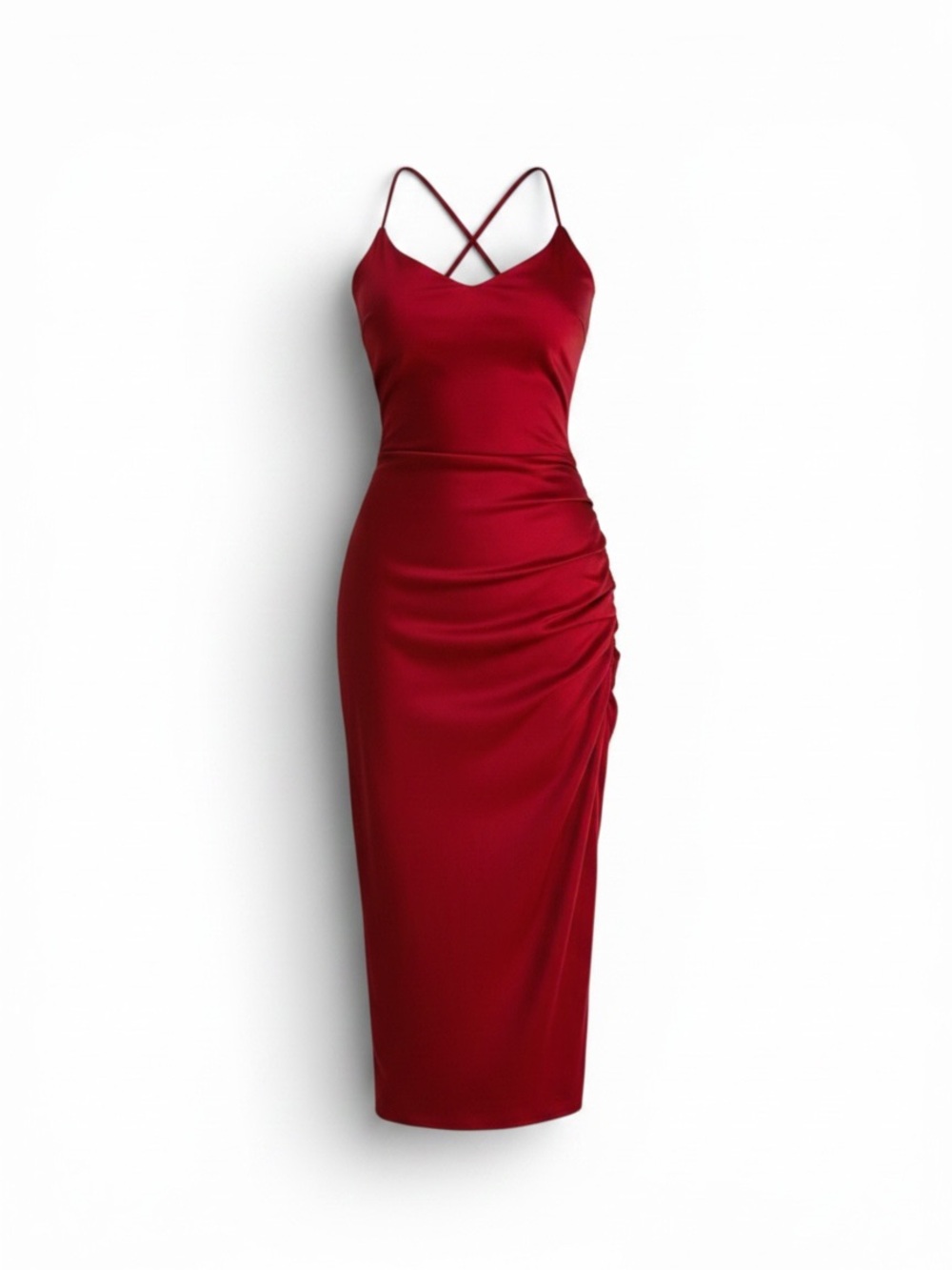 Windsor Red Ruched Midi Slip Dress with Crisscross Straps